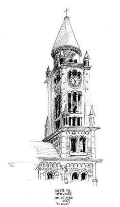 a drawing of a tower with a clock on it's side and an arched window at the top