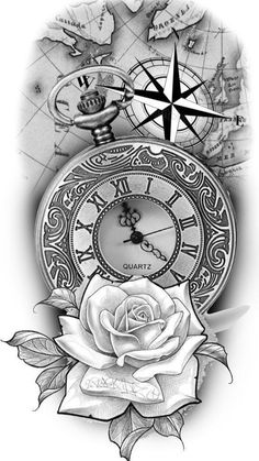 a drawing of a pocket watch with a rose and compass on the front, in black and white