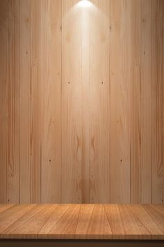 an empty room with wooden floor and lighting on the wall behind it, in front of a wood paneled wall