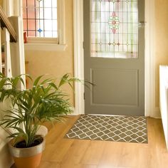 a door mat with birds on it next to a potted plant in front of the door