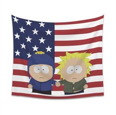 two cartoon characters standing in front of an american flag