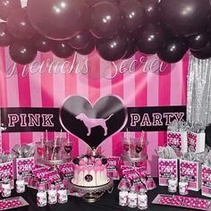 a pink and black dessert table at a bachelor's party with balloons in the background