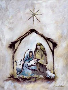 a painting of the birth of jesus in a manger with two sheeps and a star above it