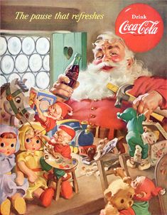 an advertisement for coca cola featuring santa claus and other toys, including children's toys