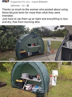 two pictures showing the inside of a tent and outside of a car with its door open