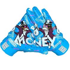 two blue gloves with the word money printed on them and an image of a man in a top hat