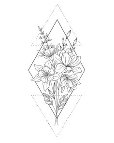 a black and white drawing of flowers on a diamond shaped background with an outline in the middle