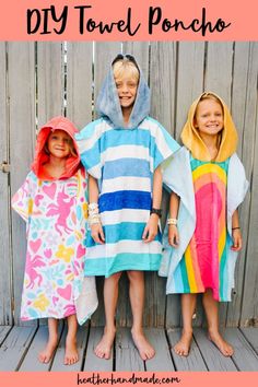 three children in colorful towels standing next to each other with the words diy towel poncho