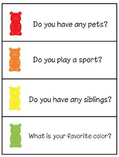 four different color matching cards with the words do you have any pets?, do you play a sport? and do you have any siblings?