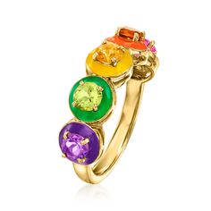 Ross-Simons - .80ct t. w. Multi-Gemstone, Multicolored Enamel Ring Over Sterling. Size 9. An RS exclusive. Color lovers, this one's for you! Bright gems and coordinating enamel discs team up in this high-impact accessory. Our rainbow ring features .80 ct. tot. gem wt. round amethyst, peridot, pink topaz, and orange and yellow citrine backed by splashy enamel discs of the same hue. Crafted in polished 18kt yellow gold over sterling silver. 1/4" wide. Multicolored enamel and multi-gemstone ring. P Peridot Birthstone, Rainbow Ring, Multi Gemstone Ring, Rainbow Rings, Pink Topaz, Yellow Citrine, Enamel Ring, Rings Cool, Orange And Yellow