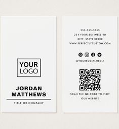 two white business cards with black and white logos on the front, one has a qr code for your logo