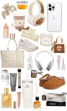 the contents of a woman's purse are arranged on a white background, including shoes and accessories