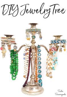 three different types of beaded jewelry on a stand with the words diy jewelry tree