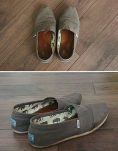 two pictures side by side one with shoes and the other with slippers on it