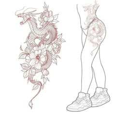 a drawing of a woman's leg with flowers and a dragon tattoo on it