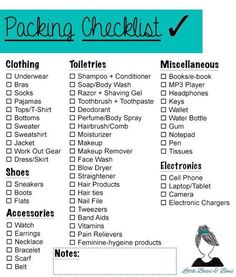 the packing checklist is shown in black and white with blue trimmings on it