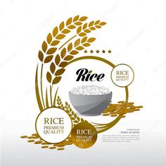 rice in a bowl and wheat on the side with three stars above it, for an advertisement