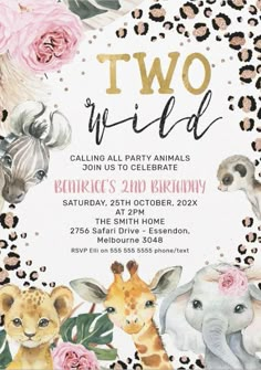 an animal themed birthday party with flowers and giraffes on the front, two wild animals on the back