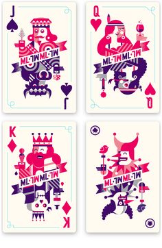 four playing cards with different designs and symbols on them, all in red and blue