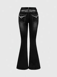 Women's Rhinestone Embroidered Wing Flared Casual Jeans Black Casual   Denim Plain,All Over Print Flare Leg High Stretch  Women Clothing, size features are:Bust: ,Length: ,Sleeve Length: Black Flared Jeans, Lace Jeans, Dream Jeans, Black Dahlia, Dr Wardrobe, Vampire Knight, Clothing Wishlist, Black Flare, Jeans Casual