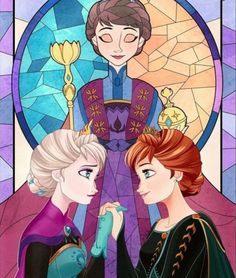 two frozen princesses standing next to each other in front of a stained glass window