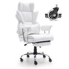 a white office chair with wheels on the back and foot rest in front of it