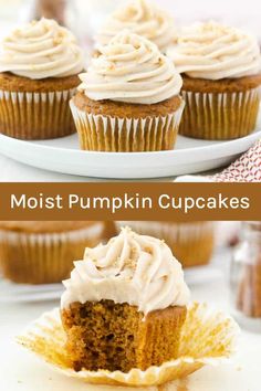 cupcakes with frosting on top and the words moist pumpkin cupcakes above them