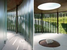 two pictures of a room with glass walls and a white dog laying on the floor