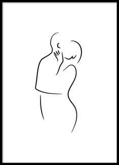 a black and white line drawing of a woman holding her head to her chest, with one hand on her face