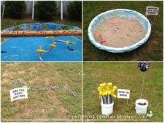 several pictures of various activities in the yard and on the lawn, including an empty pool