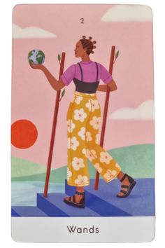 a card with an image of a woman holding a globe and standing on a platform