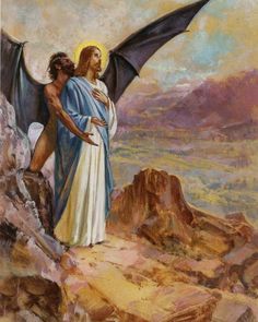 a painting of jesus holding the head of a giant bat on top of a mountain