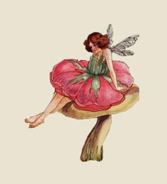 a fairy sitting on top of a mushroom with her legs spread out in the air