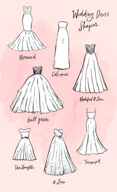 wedding dress styles for brides and grooms on pink watercolor background with handwritten text