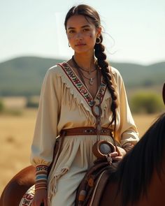 a woman in native dress riding on the back of a brown horse