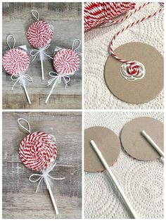 four pictures showing different ways to make lollipops with twine and yarn