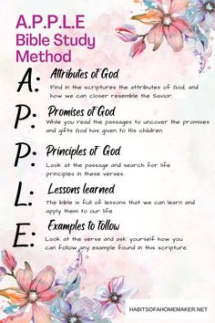 a poster with the words apple bible study method on it and flowers around it