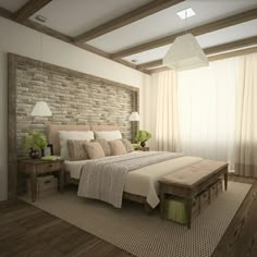 a bedroom with a brick wall and wooden flooring is shown in this artist's rendering