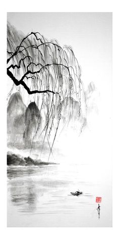 a black and white painting with trees in the background