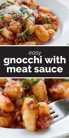 easy gnocchini with meat sauce in a white bowl and on a plate