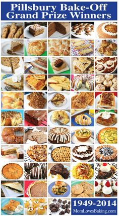 a collage of pies, cakes and desserts with the words pillsbury bake - off grand prize winners