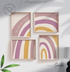 three square wall hangings with pink, yellow and purple designs on them against a white background