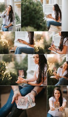 a woman sitting on a chair holding a cell phone