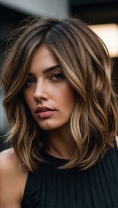 Medium Length Haircut Lowlights, Medium Length Dark Hair With Highlights Long Bobs, Brown With Babylights Blonde, Mid Length Hair With Layers Highlights, Bob Haircut With Blonde Highlights, Past The Shoulders Haircut, Andrea Canning Style, Mid Length Hair Thick Wavy, Layered Mid Length Bob