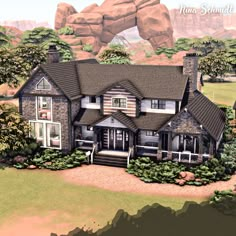 this is an artist's rendering of a large house in the mountains with trees and bushes