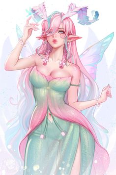 a fairy with pink hair and blue eyes is holding a bird in her hand, while she