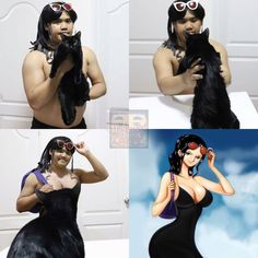 three pictures of a woman in black dress holding a cat and wearing sunglasses with her hand on her head