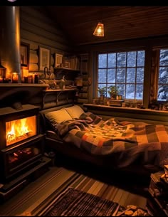 a bed sitting in front of a fire place next to a window filled with candles