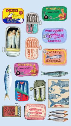 an assortment of different types of fish in tins on a light blue background with the words portuguese sardines