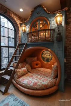 a bed that is in the middle of a room with a spiral staircase leading up to it